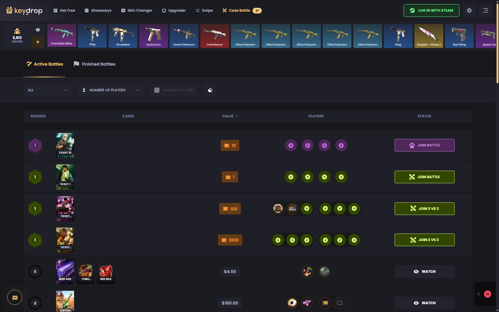 KeyDrop Case Battles list in English with USD values