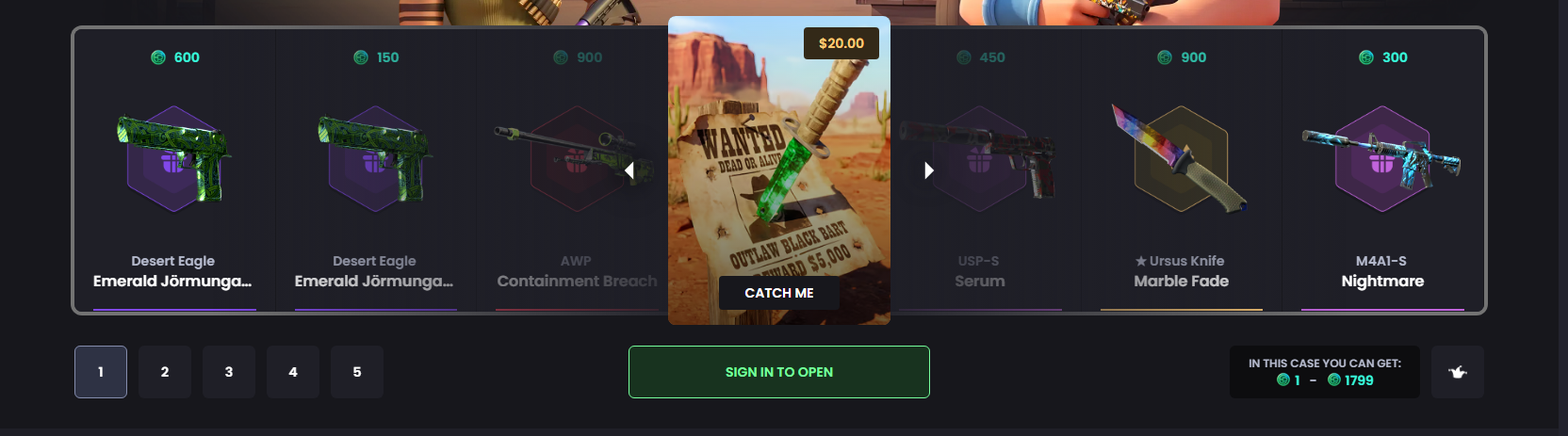 KeyDrop case opening screen in English with USD price